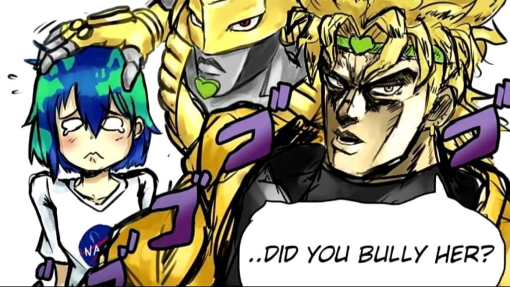 1boy 1girl 1other blonde_hair bullying dio_brando earth-chan english green_headband headband holding_person jojo_no_kimyou_na_bouken looking_at_viewer shirt simple_background sound_effects stand_(jojo) tearing_up the_world white_background white_shirt