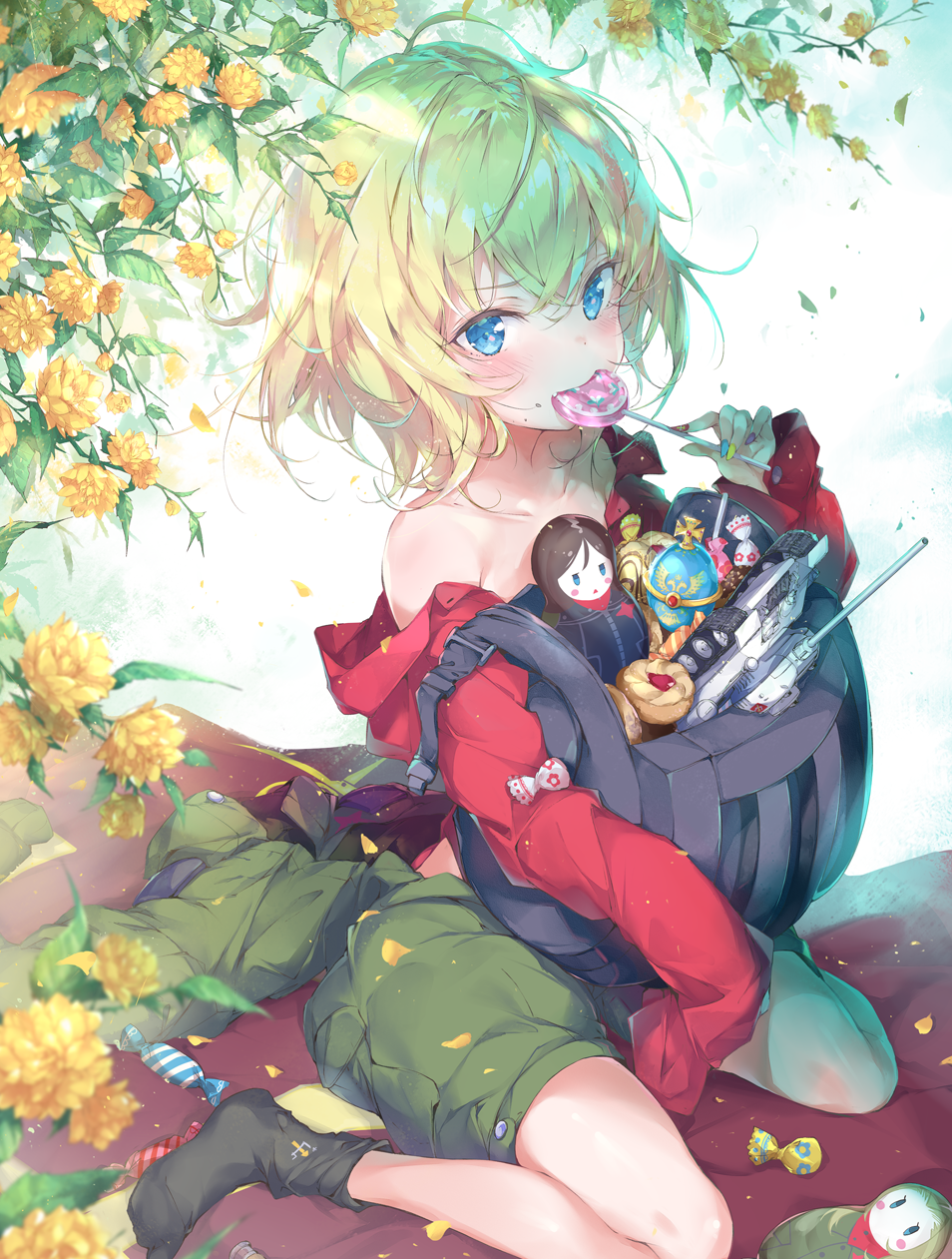 1girl bangs bare_shoulders black_hat black_legwear blanket candy character_doll clara_(girls_und_panzer) clothes_pin commentary_request cookie dress_shirt emblem faberge_egg flower flower_request food girls_und_panzer green_jumpsuit ground_vehicle hat highres holding holding_food katyusha lollipop long_sleeves looking_at_viewer matryoshka_doll messy_hair military military_vehicle model_tank motor_vehicle mouth_hold multicolored multicolored_nails nail_polish nonna off_shoulder partial_commentary petals pravda_(emblem) pravda_military_uniform print_legwear pulp_piroshi red_shirt shirt short_hair short_jumpsuit sitting sleeves_past_wrists socks solo t-34 tank tank_helmet wariza wind