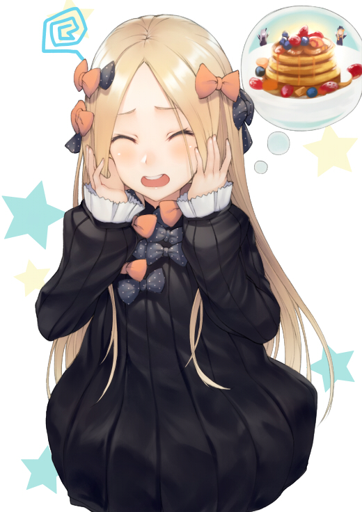 abigail_williams_(fate/grand_order) bangs black_bow black_dress blonde_hair blush bow closed_eyes dress fate/grand_order fate_(series) food forehead hair_bow hands_on_own_face kyoeiki long_hair open_mouth orange_bow pancake parted_bangs polka_dot polka_dot_bow ribbed_dress thought_bubble white_background