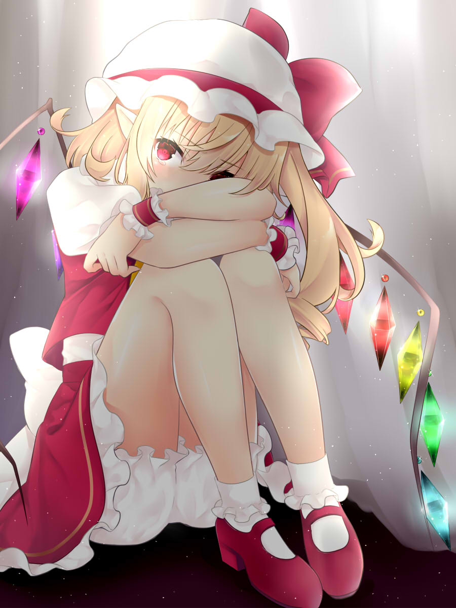 1girl arms_on_knees blonde_hair bloomers blush bobby_socks commentary_request crystal curtains flandre_scarlet glowing hair_between_eyes hat hat_ribbon highres knees_to_chest light_particles mary_janes mob_cap on_ground pointy_ears puffy_short_sleeves puffy_sleeves red_footwear red_skirt red_vest ribbon shoes short_hair short_sleeves side_ponytail sitting skirt socks solo tears tosakaoil touhou underwear vest white_legwear wings wrist_cuffs