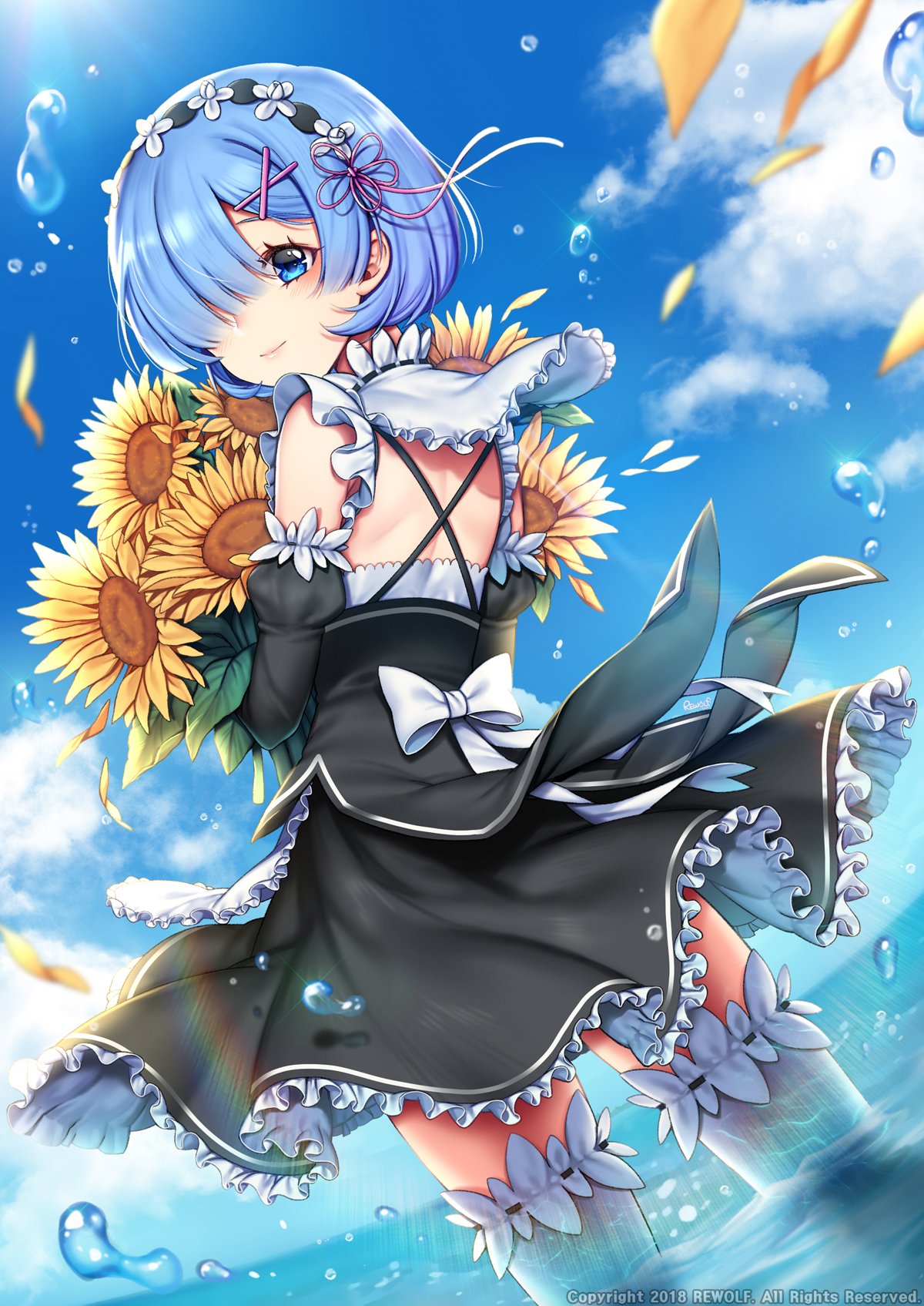 1girl black_sleeves blue_eyes blue_hair blue_sky bouquet bow clouds cowboy_shot day detached_sleeves dutch_angle flower frilled_skirt frills from_behind garters grey_legwear hair_flower hair_ornament hair_over_one_eye hair_ribbon head_wreath highres holding holding_bouquet looking_at_viewer medium_skirt outdoors pink_ribbon re:zero_kara_hajimeru_isekai_seikatsu rem_(re:zero) rewolf ribbon shiny shiny_hair short_hair skirt sky solo standing sunflower thigh-highs white_bow white_flower white_skirt x_hair_ornament yellow_flower