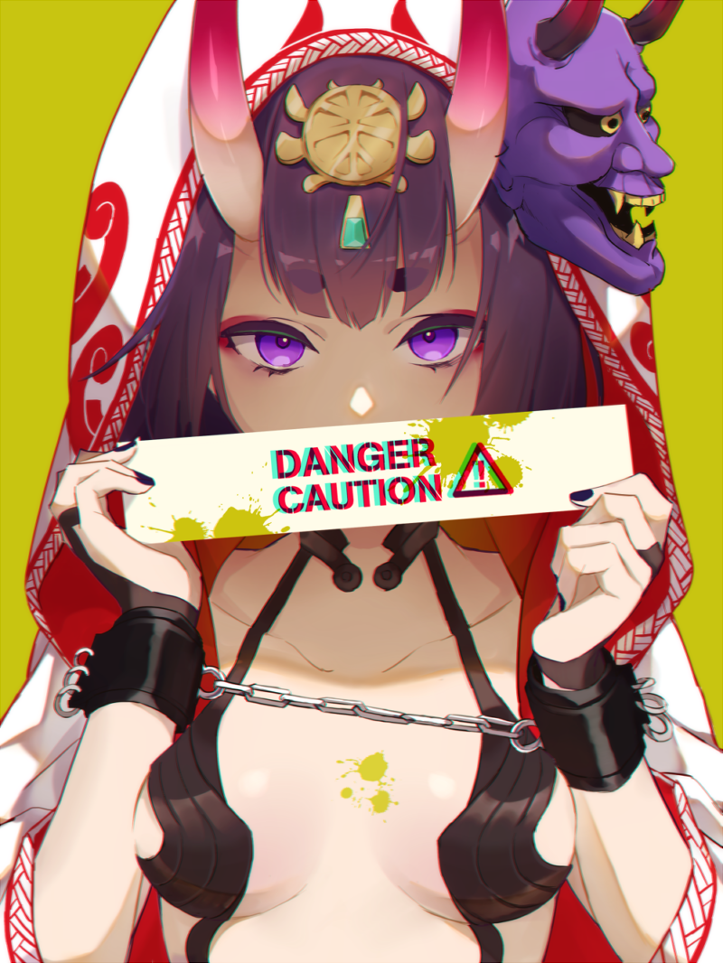 ! 1girl bangs blush breasts bridal_gauntlets chains chromatic_aberration commentary_request covered_mouth cuffs eyebrows_visible_through_hair fate/grand_order fate_(series) fingernails fujikiri_yana green_background hands_up holding holding_sign hood hood_up hooded_kimono japanese_clothes kimono long_sleeves looking_at_viewer mask mask_on_head nail_polish oni oni_horns oni_mask purple_hair purple_nails short_eyebrows shuten_douji_(fate/grand_order) sign small_breasts solo thick_eyebrows violet_eyes white_kimono wide_sleeves
