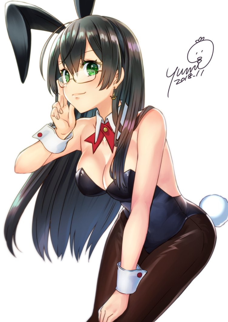 1girl adjusting_eyewear animal_ears black_hair black_legwear black_leotard breasts bunny_tail bunnysuit cleavage cowboy_shot dated detached_collar green_eyes hairband kantai_collection leotard long_hair looking_at_viewer medium_breasts neck_ribbon ooyodo_(kantai_collection) pantyhose rabbit_ears red_ribbon ribbon semi-rimless_eyewear signature simple_background smile solo strapless strapless_leotard tail under-rim_eyewear white_background wrist_cuffs yumi_yumi