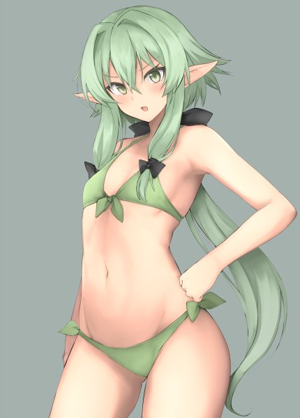 1girl bikini cowboy_shot elf flat_chest goblin_slayer! green_bikini green_eyes green_hair grey_background hand_on_hip high_elf_archer_(goblin_slayer!) long_hair looking_at_viewer low_ponytail mobu navel pointy_ears ponytail side-tie_bikini solo standing swimsuit