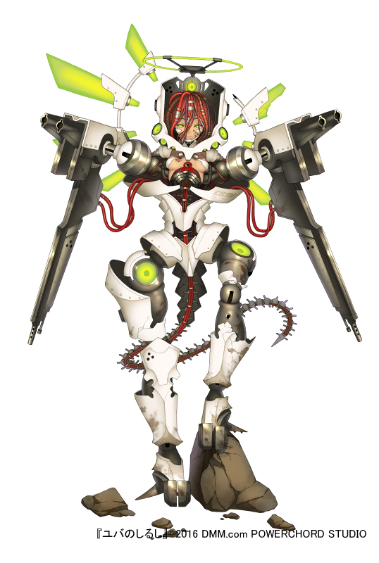 1girl android cable damaged dark_skin dirty dmm full_body green_eyes gun looking_at_viewer mechanical_halo official_art redhead smile solo standing_on_object tail weapon white_background yuba_no_shirushi zenmaibook