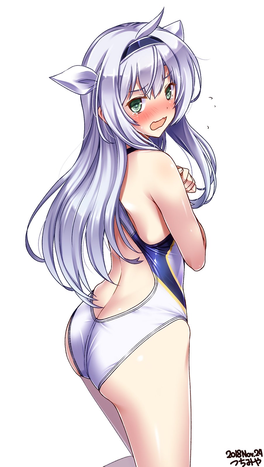 1girl artist_name ass back commentary_request competition_swimsuit covered_navel cowboy_shot dated eyebrows_visible_through_hair flat_chest green_eyes hair_between_eyes hair_ribbon hairband highres long_hair looking_at_viewer one-piece_swimsuit open_mouth ribbon rokudenashi_majutsu_koushi_to_akashic_record silver_hair simple_background sistine_fiber solo standing swimsuit tears tsuchimiya white_background white_ribbon white_swimsuit