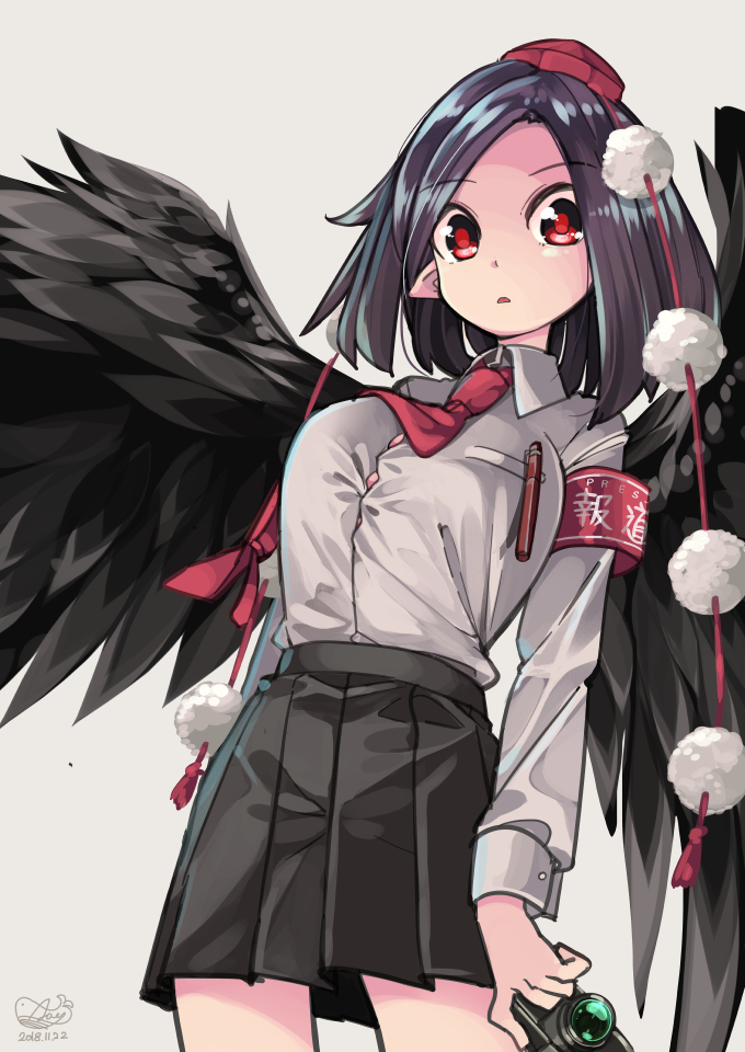 1girl aioi_aoi alternate_costume armband black_hair black_skirt black_wings camera commentary dated dress_shirt eyebrows_visible_through_hair feathered_wings hat long_sleeves looking_at_viewer medium_hair pen pleated_skirt pointy_ears pom_pom_(clothes) red_eyes red_neckwear shameimaru_aya shirt signature simple_background skirt solo tokin_hat touhou white_background white_shirt wings