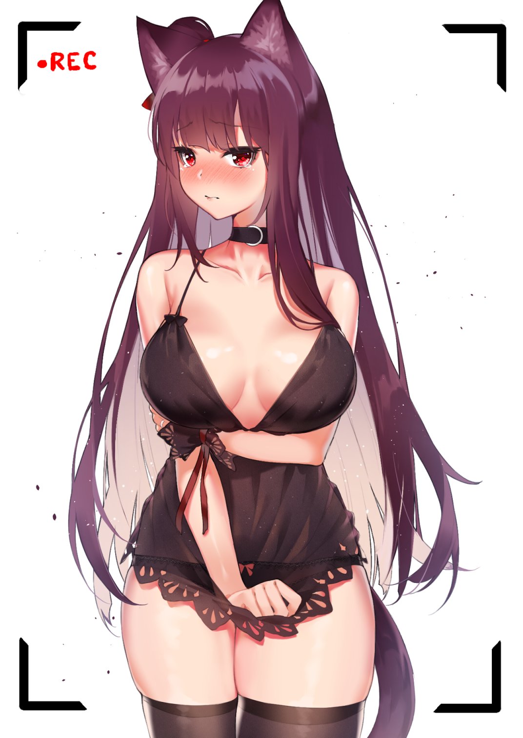 1girl animal_ears babydoll bangs black_babydoll black_legwear black_panties blush breasts choker closed_mouth covering covering_crotch cowboy_shot embarrassed eyebrows_visible_through_hair frown girls_frontline hair_ribbon highres holding_arm hoshi_usagi large_breasts long_hair looking_at_viewer one_side_up panties purple_hair recording red_eyes ribbon ribbon-trimmed_panties shiny shiny_skin simple_background skindentation solo tearing_up thigh-highs underwear very_long_hair viewfinder wa2000_(girls_frontline) white_background