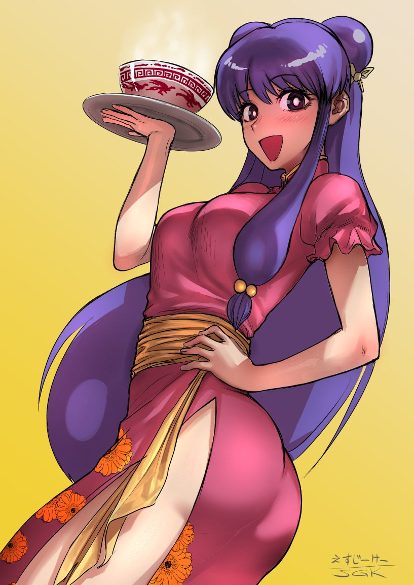 1girl ass bell blush bowl breasts china_dress chinese_clothes commentary double_bun dress eyebrows_visible_through_hair gradient gradient_background hair_bell hair_ornament hand_on_hip large_breasts long_hair looking_at_viewer looking_back open_mouth puffy_short_sleeves puffy_sleeves purple_hair ranma_1/2 sgk shampoo_(ranma_1/2) short_sleeves sidelocks smile solo steam tray