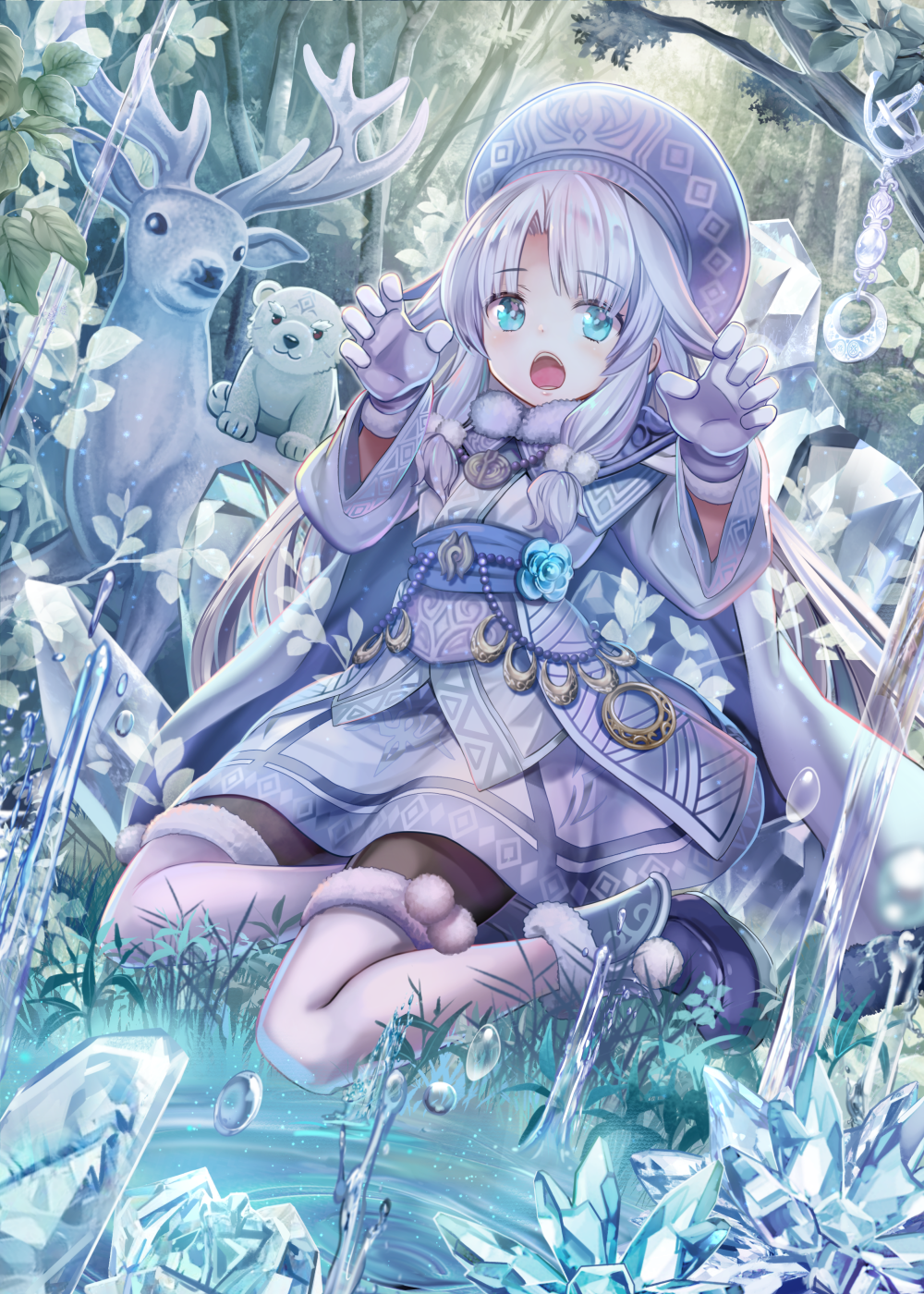 1girl :o ainu_clothes animal aqua_eyes bangs bead_necklace beads bear black_legwear blush boots cape claw_pose commentary deer english_commentary eyebrows_visible_through_hair fate/grand_order fate_(series) forest fur_collar gloves grass hands_up hat highres ice illyasviel_von_einzbern jewelry leaf long_hair long_sleeves looking_at_viewer nature necklace outdoors pantyhose parted_bangs pom_pom_(clothes) purple_hat ripples sash sidelocks silver_hair sitonai sitting solo teeth thigh-highs thigh_boots torino_akua water white_cape white_gloves wide_sleeves yokozuwari