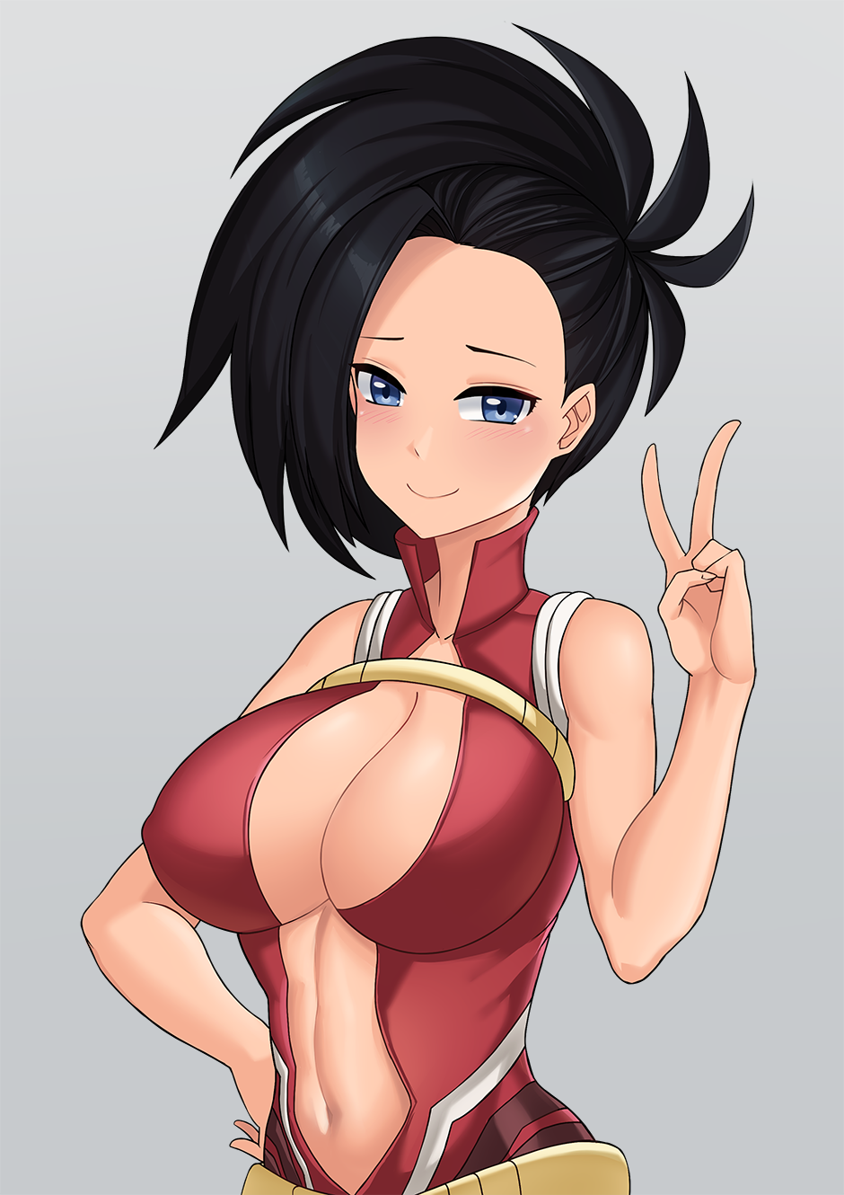 1girl aori_sora bare_shoulders belt black_hair blue_eyes blush boku_no_hero_academia breasts closed_mouth commentary fingernails grey_background hand_up highres large_breasts looking_at_viewer navel short_hair simple_background sleeveless smile standing underwear v yaoyorozu_momo