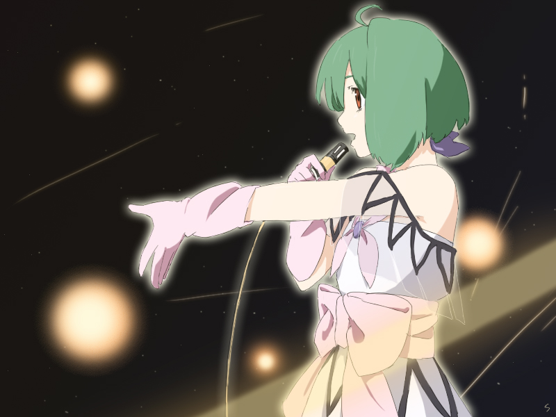 1girl ahoge bare_shoulders bow commentary_request cosplay dress from_side gloves green_hair lynn_minmay lynn_minmay_(cosplay) macross macross:_do_you_remember_love? macross_frontier microphone music outstretched_arm parody pink_bow ranka_lee red_eyes sakuyamelody short_hair singing solo space