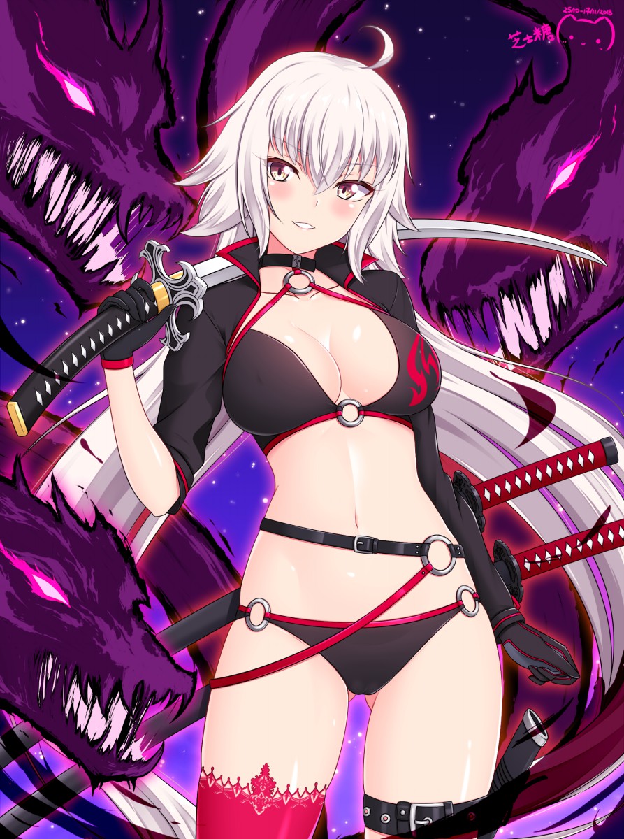 ahoge bikini black_bikini black_choker black_gloves black_jacket breasts choker cleavage cropped_jacket eyebrows_visible_through_hair fate/grand_order fate_(series) gloves highres jacket jeanne_d'arc_(alter_swimsuit_berserker) jeanne_d'arc_(fate)_(all) katana large_breasts long_hair o-ring o-ring_bikini o-ring_bottom o-ring_top ppshex red_legwear shrug_(clothing) silver_hair single_thighhigh swimsuit sword thigh-highs thigh_strap waist weapon yellow_eyes