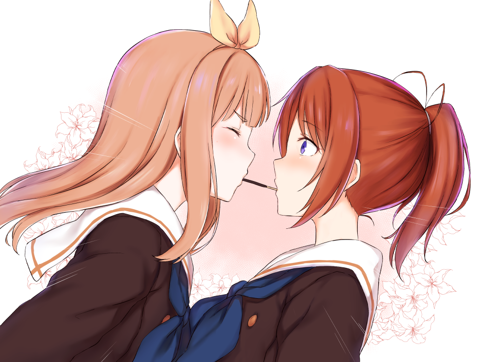 2girls blue_eyes blue_neckwear blush bow brown_hair brown_shirt cai_geng closed_eyes floating_hair from_side hair_bow hibike!_euphonium long_hair multiple_girls nakagawa_natsuki pocky_day ponytail sailor_collar school_uniform serafuku shirt white_sailor_collar yellow_bow yoshikawa_yuuko yuri