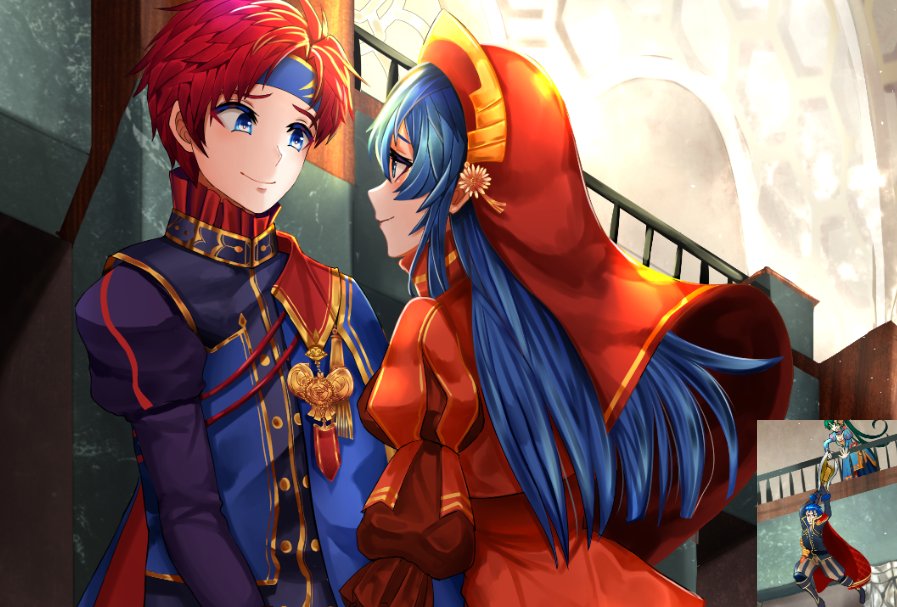 2boys 2girls arms_up axe blue_eyes blue_hair cape couple dress eye_contact fire_emblem fire_emblem:_fuuin_no_tsurugi green_hair headband hector_(fire_emblem) holding holding_axe lilina long_hair looking_at_another lyndis_(fire_emblem) multiple_boys multiple_girls nintendo nyanshua ponytail red_cape red_dress red_hood redhead roy_(fire_emblem) smile standing upper_body very_long_hair