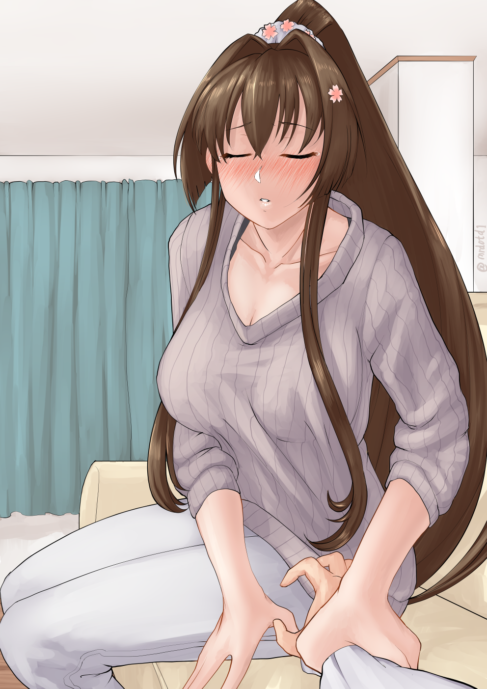 1girl blush breasts brown_hair cleavage closed_eyes collarbone grey_sweater hair_intakes highres holding_hand indoors kantai_collection large_breasts long_hair long_sleeves looking_at_viewer mrdotd pants parted_lips ponytail sidelocks sitting solo_focus sweater very_long_hair white_pants wrist_grab yamato_(kantai_collection)