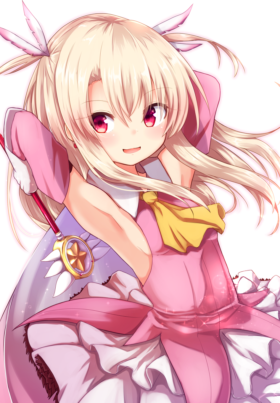 1girl armpits arms_behind_head ascot baram blonde_hair breasts closed_eyes commentary dress eyebrows_visible_through_hair eyes_visible_through_hair fate/kaleid_liner_prisma_illya fate_(series) hair_ornament highres illyasviel_von_einzbern long_hair looking_at_viewer magical_girl magical_ruby pink_eyes simple_background sleeveless small_breasts solo two_side_up white_background yellow_neckwear