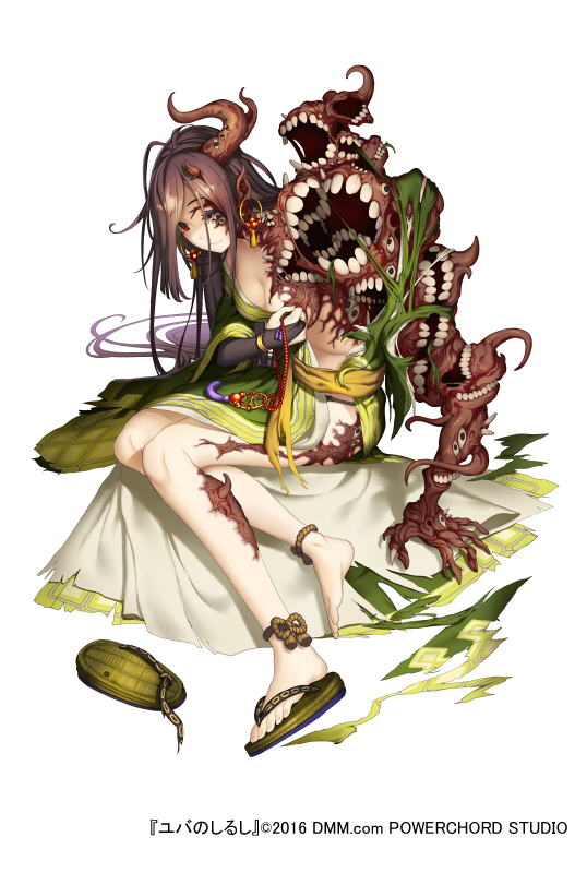 1girl 2016 asymmetrical_arms body_horror bridal_gauntlets brown_hair copyright_name covering covering_breasts dated dmm earrings extra_eyes extra_mouth horn jewelry looking_at_viewer official_art pointy_ears red_eyes scar shoes single_shoe teeth torn_clothes yuba_no_shirushi zenmaibook
