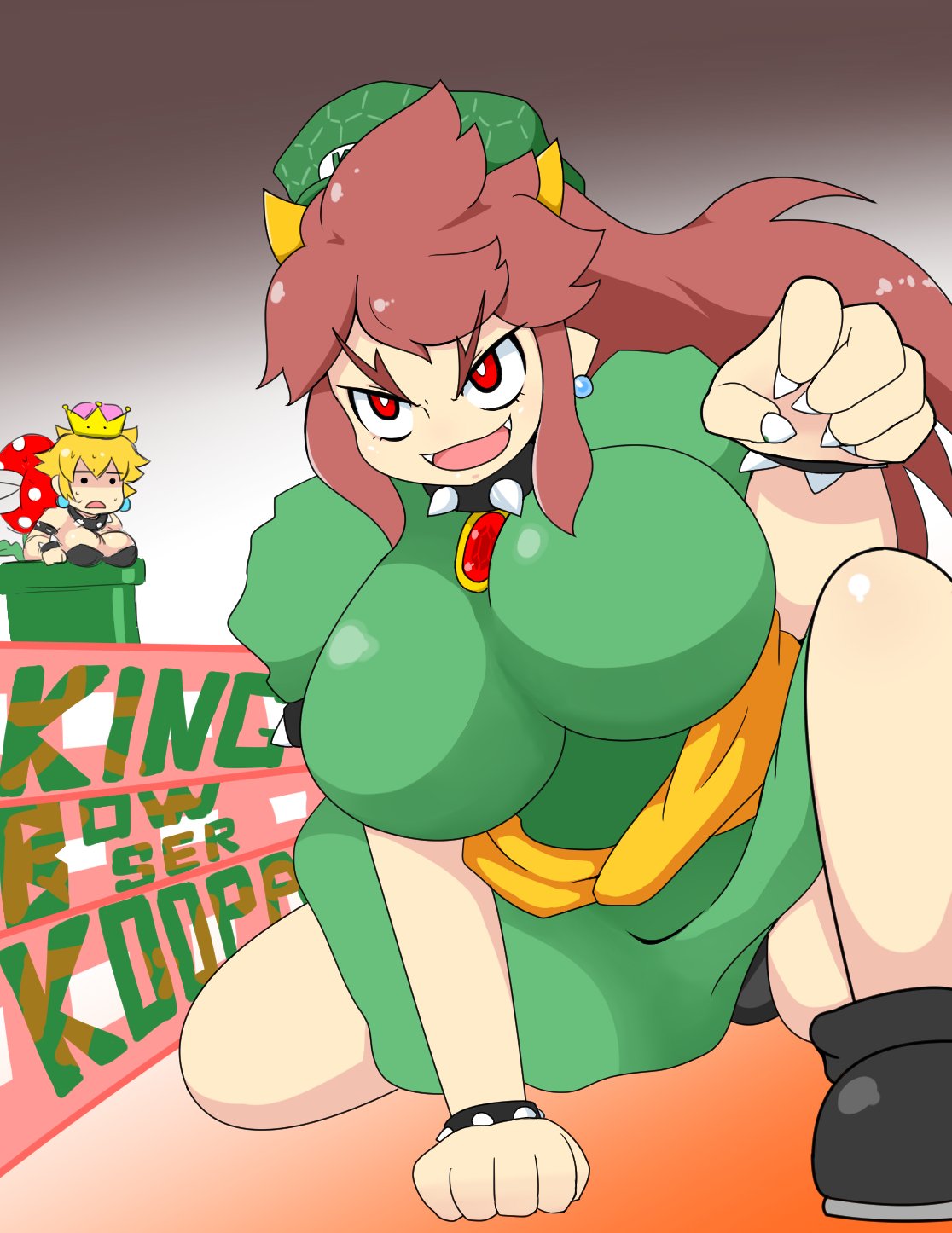 2girls boots bowser_peach bowsette breasts bright_pupils character_name collar fangs gem highres knees large_breasts long_hair super_mario_bros. multiple_girls new_super_mario_bros._u_deluxe nintendo pearl_earrings piranha_plant ponytail possessed princess_peach prototype red_eyes redhead senkou_(shippai_shoukan) shaded_face spiked_collar spikes super_crown super_mario_odyssey warp_pipe