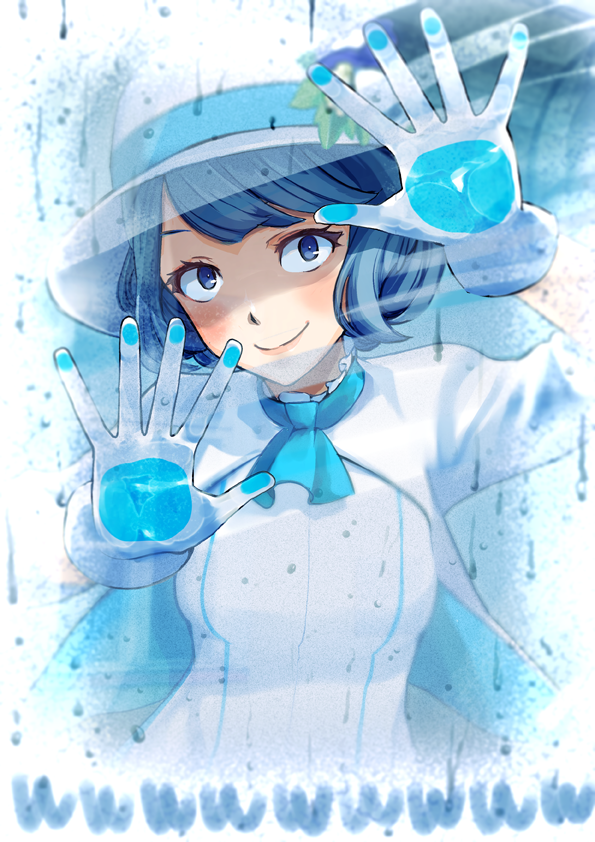 1girl against_fourth_wall against_glass artist_request blue_eyes blue_hair capelet gloves hat long_sleeves looking_at_viewer shaded_face smile solo suntory suntory_nomu virtual_youtuber white_hat