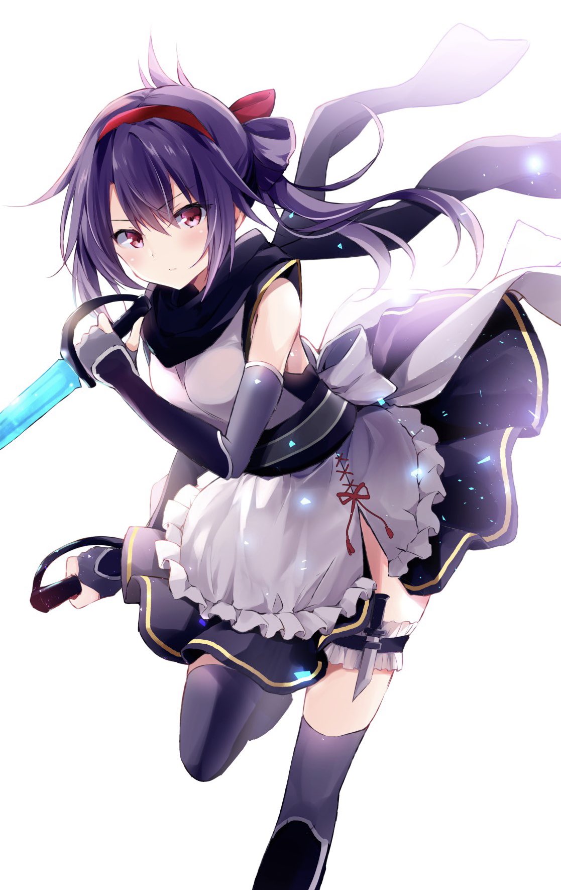 1girl apron arm_guards bangs bare_shoulders black_legwear black_scarf black_skirt blue_hair blush bow breasts closed_mouth copyright_request dagger dual_wielding elbow_gloves eyebrows_visible_through_hair folded_ponytail gloves grey_gloves hair_bow hairband highres holding holding_weapon holster hyurasan knife leg_garter long_hair looking_at_viewer maid_apron medium_breasts miniskirt obi partly_fingerless_gloves red_bow red_eyes sash scarf shin_guards shirt side_slit sidelocks skirt sleeveless sleeveless_shirt solo standing standing_on_one_leg thigh-highs thigh_holster v-shaped_eyebrows weapon white_apron white_bow white_shirt