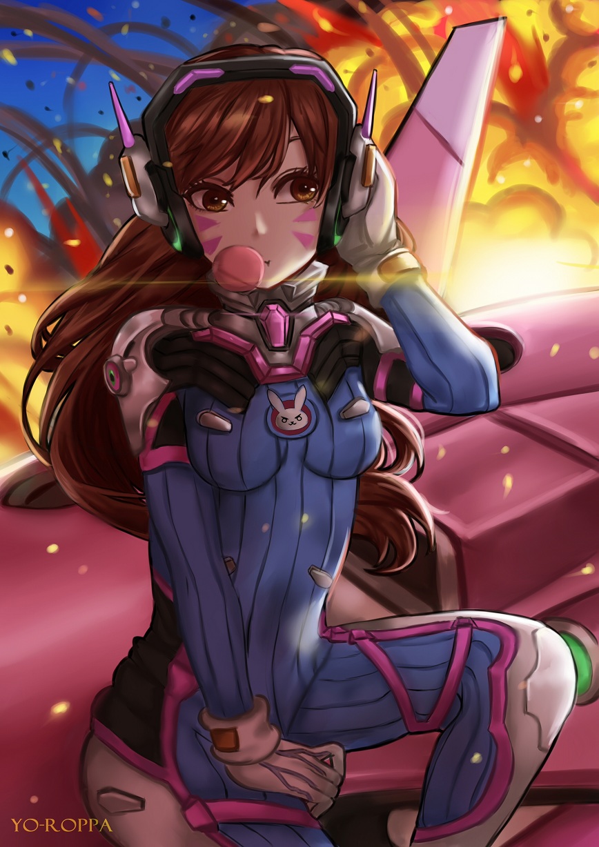 1girl artist_name bodysuit breasts brown_eyes brown_hair chewing_gum d.va_(overwatch) facial_mark floating_hair gloves grey_gloves headphones highres long_hair overwatch sitting small_breasts solo very_long_hair yo-roppa