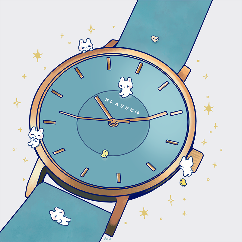 &gt;_&lt; ^_^ ayu_(mog) bird black_border blush border chibi chick climbing closed_eyes closed_eyes copyright_name grey_background klasse14 no_humans original rabbit simple_background sleeping smile sparkle watch watch