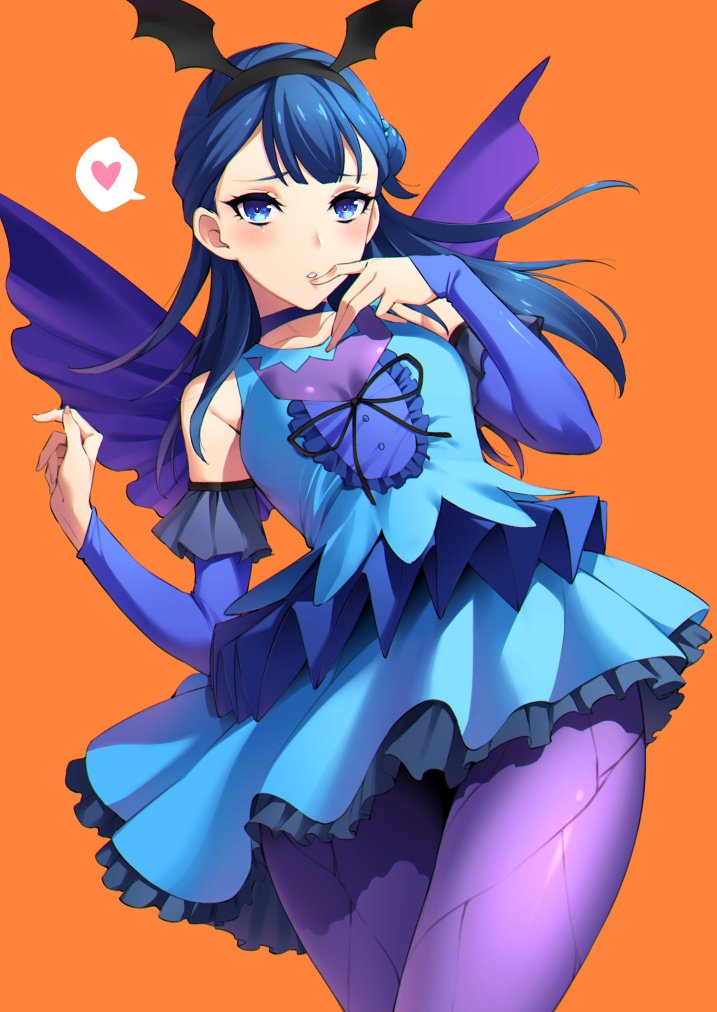 1girl black_hairband black_ribbon black_wings blue_hair blue_shirt blue_skirt blue_sleeves breasts choker cleavage collarbone detached_sleeves fake_wings floating_hair frilled_skirt frills hairband halloween halloween_costume head_wings heart hugtto!_precure long_hair long_sleeves miniskirt orange_background pantyhose precure purple_legwear purple_wings ribbon shirt simple_background skirt sleeveless sleeveless_shirt small_breasts solo speech_bubble sugarbeat wings yakushiji_saaya