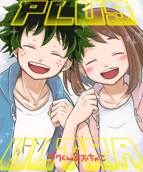 1boy 1girl :d blue_hoodie blush blush_stickers boku_no_hero_academia brown_hair buthikireta collarbone commentary_request couple english freckles green_hair hetero hood hood_down hoodie locked_arms messy_hair midoriya_izuku open_clothes open_hoodie open_mouth pink_hoodie shirt short_hair smile sparkle uraraka_ochako white_shirt