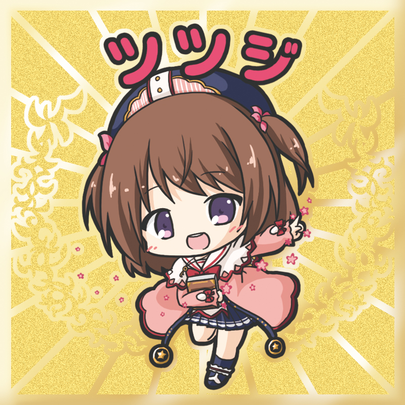 1girl :d bangs bikkuriman_(style) blue_footwear blue_hat blue_legwear blue_skirt blush boots border bow brown_border brown_hair capelet character_name chibi eyebrows_visible_through_hair flower_knight_girl hat head_tilt index_finger_raised kneehighs long_hair long_sleeves looking_at_viewer object_hug open_mouth outstretched_arm parody pleated_skirt puffy_long_sleeves puffy_sleeves red_bow rinechun round_teeth shoes skirt smile solo standing standing_on_one_leg teeth tsutsuji_(flower_knight_girl) two_side_up upper_teeth violet_eyes white_capelet