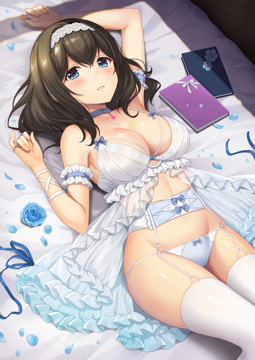1girl alternate_costume arm_strap azuki_yui babydoll bangs bed_sheet black_hair blue_eyes blush bow bow_panties breasts commentary_request eyebrows_visible_through_hair frills from_above garter_belt garter_straps hairband idolmaster idolmaster_cinderella_girls idolmaster_cinderella_girls_starlight_stage large_breasts lingerie long_hair looking_at_viewer lowleg lowleg_panties lying navel on_back on_bed panties parted_lips pillow sagisawa_fumika shiny shiny_skin thigh-highs thighs underwear white_legwear white_panties