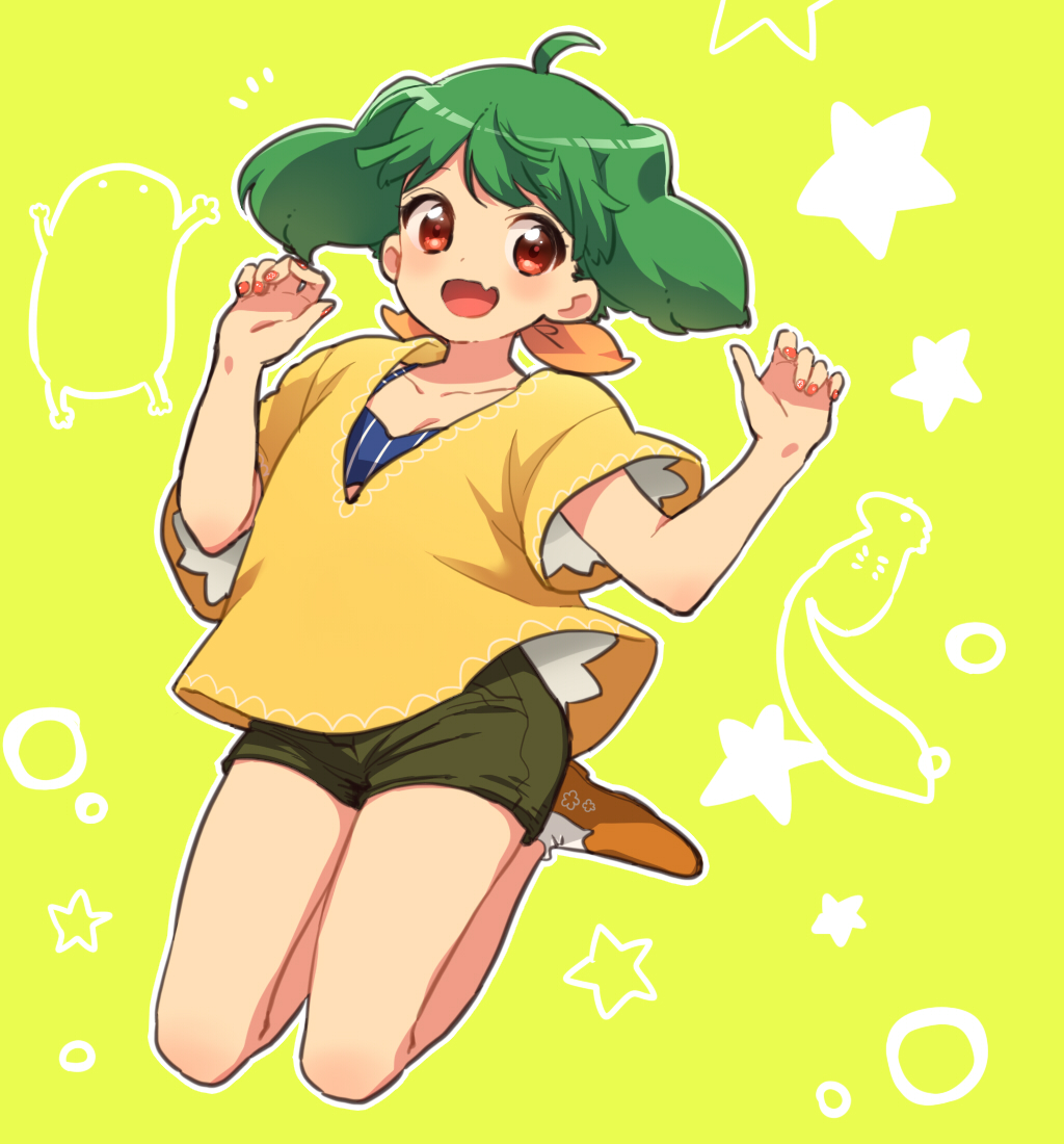 1girl ahoge alternate_costume arms_up breasts cleavage fang fuuka_(fu-haru) green_hair jumping legs_up macross macross_frontier nail_art nail_polish open_mouth pink_nails ranka_lee red_eyes short_hair shorts small_breasts smile solo w_arms