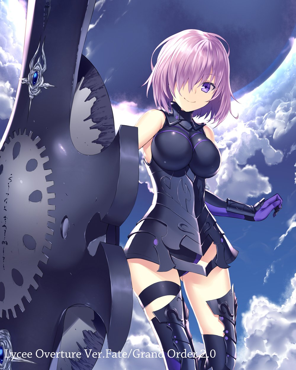 1girl armored_boots armored_leotard black_legwear black_leotard boots breasts breasts_apart clouds copyright_name day elbow_gloves eyebrows_visible_through_hair fate/grand_order fate_(series) gloves hair_over_one_eye heirou highres large_breasts leotard looking_at_viewer mash_kyrielight ortenaus outdoors purple_gloves purple_hair shield short_hair smile solo standing thigh-highs thigh_strap violet_eyes