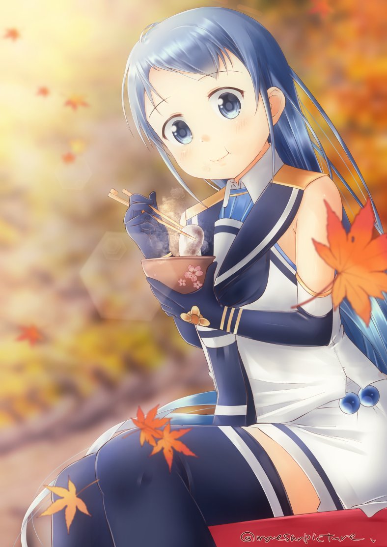 1girl artist_name autumn autumn_leaves bangs bare_shoulders blue_eyes blue_hair bowl chopsticks commentary_request eating elbow_gloves eyebrows_visible_through_hair gloves holding holding_bowl holding_chopsticks kantai_collection long_hair looking_at_viewer mae_(maesanpicture) mochi outdoors samidare_(kantai_collection) school_uniform serafuku shirt sitting skirt solo swept_bangs thigh-highs very_long_hair white_shirt white_skirt zettai_ryouiki