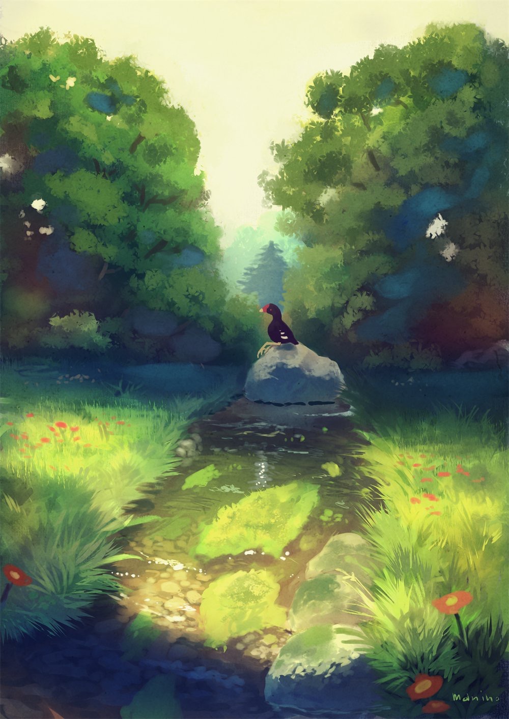bird commentary_request day flower forest from_side grass highres manino_(mofuritaionaka) nature no_humans original outdoors red_flower river rock scenery signature sitting tree