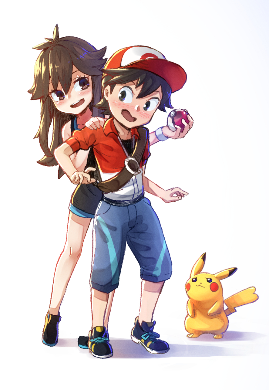 1boy 1girl baseball_cap black_eyes black_hair black_shirt blue_(pokemon) blue_shorts blush brown_eyes capri_pants creatures_(company) game_freak gen_1_pokemon grin hair_flaps hand_on_another's_shoulder harukaze_shizuru hat highres jacket kakeru_(pokemon) long_hair looking_at_another nintendo open_mouth pants pikachu poke_ball poke_ball_(generic) pokemon pokemon_(creature) pokemon_(game) pokemon_lgpe shirt shoes short_sleeves shorts simple_background sleeveless sleeveless_shirt smile sneakers white_background