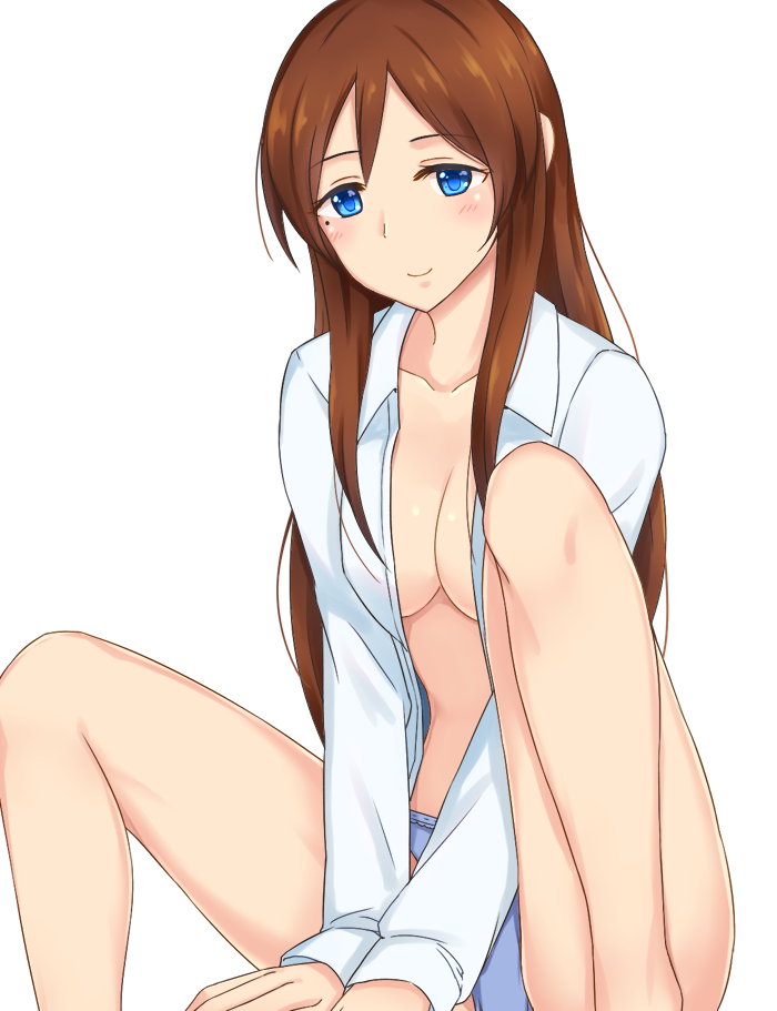 1girl between_legs blue_eyes blue_panties blush breasts brown_hair cleavage collarbone dress_shirt furusawa_yoriko hand_between_legs idolmaster idolmaster_cinderella_girls kozeni_isari long_hair looking_at_viewer medium_breasts mole mole_under_eye open_clothes open_shirt panties shirt simple_background sitting smile solo underwear very_long_hair white_background white_shirt