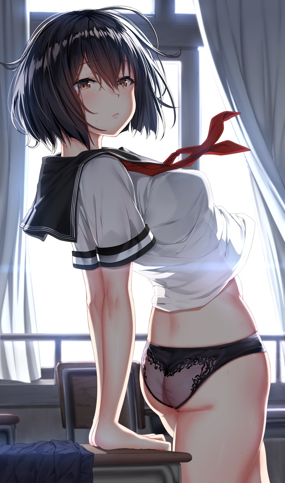 1girl arms_behind_back ass bangs black_hair black_panties blue_skirt blush breasts brown_eyes classroom closed_mouth curtains day desk eyebrows_visible_through_hair hair_between_eyes highres jaku_denpa large_breasts leaning_back lingerie looking_at_viewer neckerchief original panties pleated_skirt red_neckwear sailor_collar school_uniform shiny shiny_skin shirt shirt_lift short_sleeves skindentation skirt skirt_removed solo sunlight sweat tareme underwear undone_neckerchief white_shirt wind wind_lift window