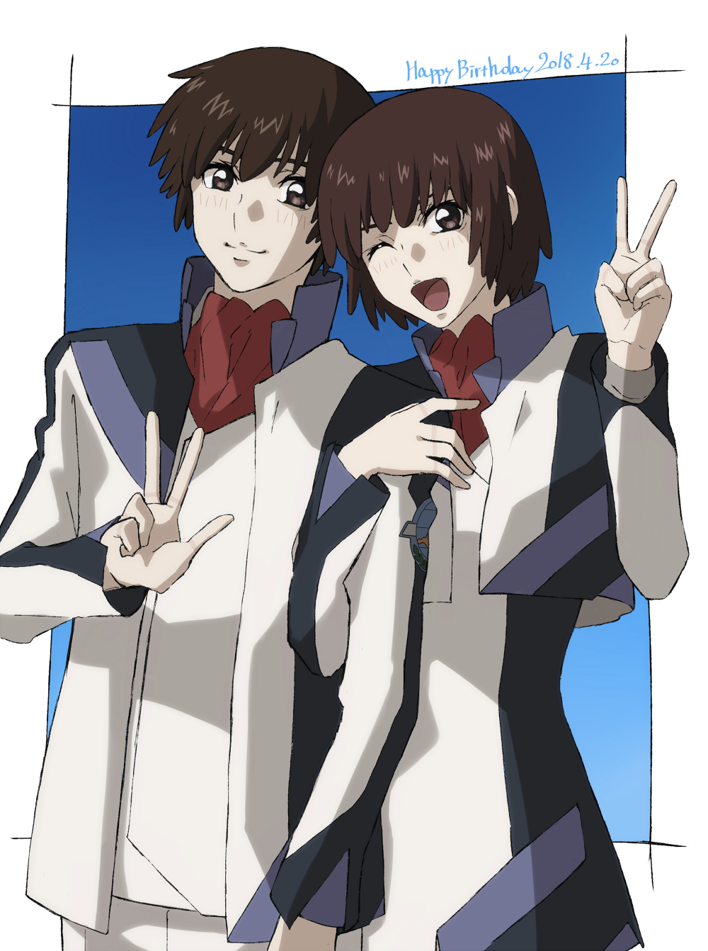1boy 1girl ;d arm_hug bangs blush brother_and_sister brown_eyes brown_hair cropped_jacket dated finger_marks happy_birthday highres jacket long_sleeves looking_at_viewer nishio_akira nishio_rina one_eye_closed open_mouth shiny shiny_hair short_hair siblings skirt smile soukyuu_no_fafner twins uc_(8rk3) uniform v w