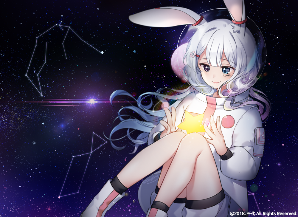 1girl 2018 animal_ears bangs black_legwear blue_eyes boots chyoling closed_mouth commentary commission constellation ears_through_headwear eyebrows_visible_through_hair fingernails flower hair_flower hair_ornament hairclip jacket long_hair long_sleeves original pink_flower planet puffy_long_sleeves puffy_sleeves rabbit_ears short_shorts shorts silver_hair smile socks solo space spacesuit star star_(sky) symbol_commentary very_long_hair watermark white_footwear white_jacket white_shorts