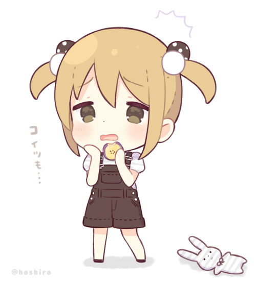 1girl bangs black_footwear black_shorts blonde_hair blush chibi cookie eyebrows_visible_through_hair food full_body green_eyes hair_bobbles hair_ornament hand_on_own_cheek hands_up holding holding_food kon_hoshiro looking_at_viewer open_mouth original shirt short_hair short_sleeves short_twintails shorts sidelocks solo standing striped striped_shirt stuffed_animal stuffed_bunny stuffed_toy suspender_shorts suspenders translated twintails twitter_username white_shirt
