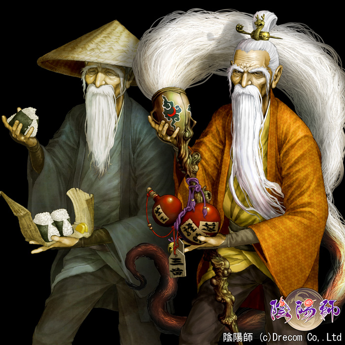 2boys akio_(artist) beard black_background closed_eyes facial_hair food hair_ornament hair_stick holding holding_staff japanese_clothes long_beard looking_at_viewer male_focus multiple_boys official_art old_man onigiri onmyoji pants staff standing topknot watermark white_hair wide_sleeves wrinkled_skin