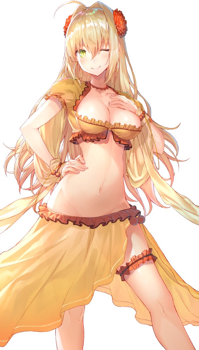 1girl ;) blonde_hair breasts character_request choker cleavage collarbone cowboy_shot fate/grand_order fate_(series) female floating_hair flower green_eyes groin hair_between_eyes hair_flower hair_ornament hakuishi_aoi hand_on_hip hand_on_own_chest highres large_breasts long_hair looking_at_viewer mata_hari_(fate/grand_order) mata_hari_(fate/grand_order)_(cosplay) midriff navel one_eye_closed red_flower sarong short_sleeves smile solo standing stomach thigh_strap very_long_hair