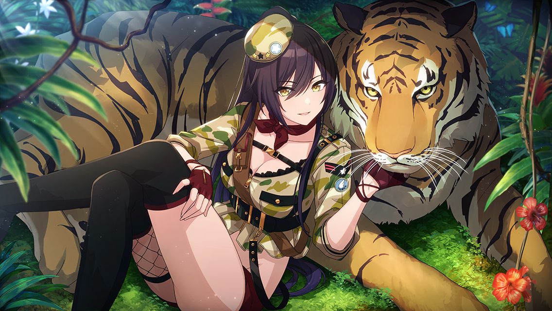 1girl alternate_costume animal artist_request bangs black_hair branch breasts cleavage fingerless_gloves fishnets flower gloves hair_between_eyes hat idolmaster idolmaster_shiny_colors jungle large_breasts leaf legs legs_crossed long_hair midriff military military_hat military_uniform nature neck_ribbon official_art outdoors plant red_gloves red_shorts ribbon shirase_sakuya short_shorts shorts sitting sleeves_rolled_up strap thigh-highs tiger tree uniform yellow_eyes