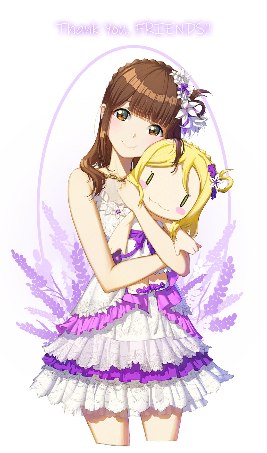 1girl :t bangs bare_arms black_hair braid brown_eyes character_doll corsetman cowboy_shot doll_hug dress english floral_background flower french_braid hair_flower hair_ornament head_tilt highres jewelry lavender_(flower) layered_dress looking_at_viewer love_live! love_live!_sunshine!! medium_hair necklace ohara_mari real_life smile solo standing suzuki_aina_(seiyuu) thank_you white_background