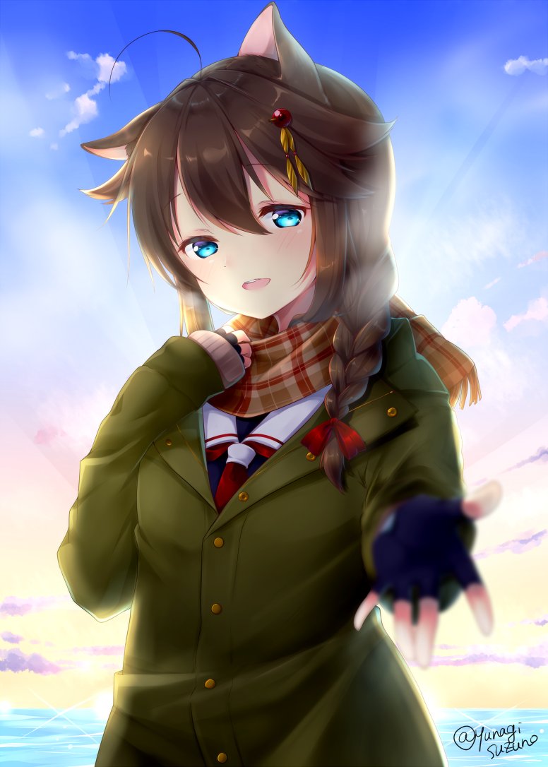 1girl ahoge animal_ears black_gloves black_hair black_serafuku blue_eyes blue_sky blurry braid cat_ears clouds depth_of_field fingerless_gloves foreshortening gloves green_coat hair_flaps hair_over_shoulder joujou kantai_collection long_hair looking_at_viewer outdoors remodel_(kantai_collection) school_uniform serafuku shigure_(kantai_collection) single_braid sky solo sunrise twitter_username