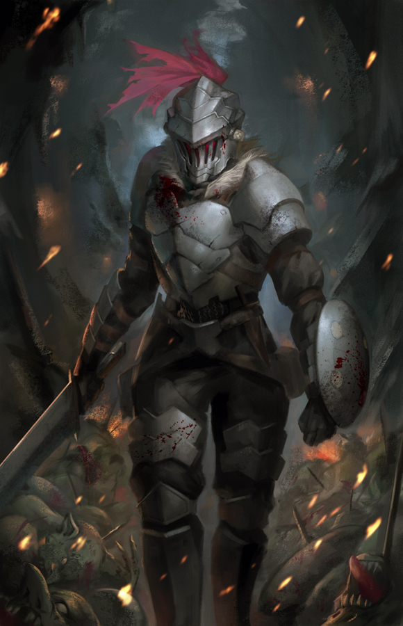 1boy armor commentary_request death fur_trim goblin goblin_slayer goblin_slayer! helmet holding holding_sword holding_weapon looking_at_viewer male_focus phamoz shield solo standing sword walking weapon