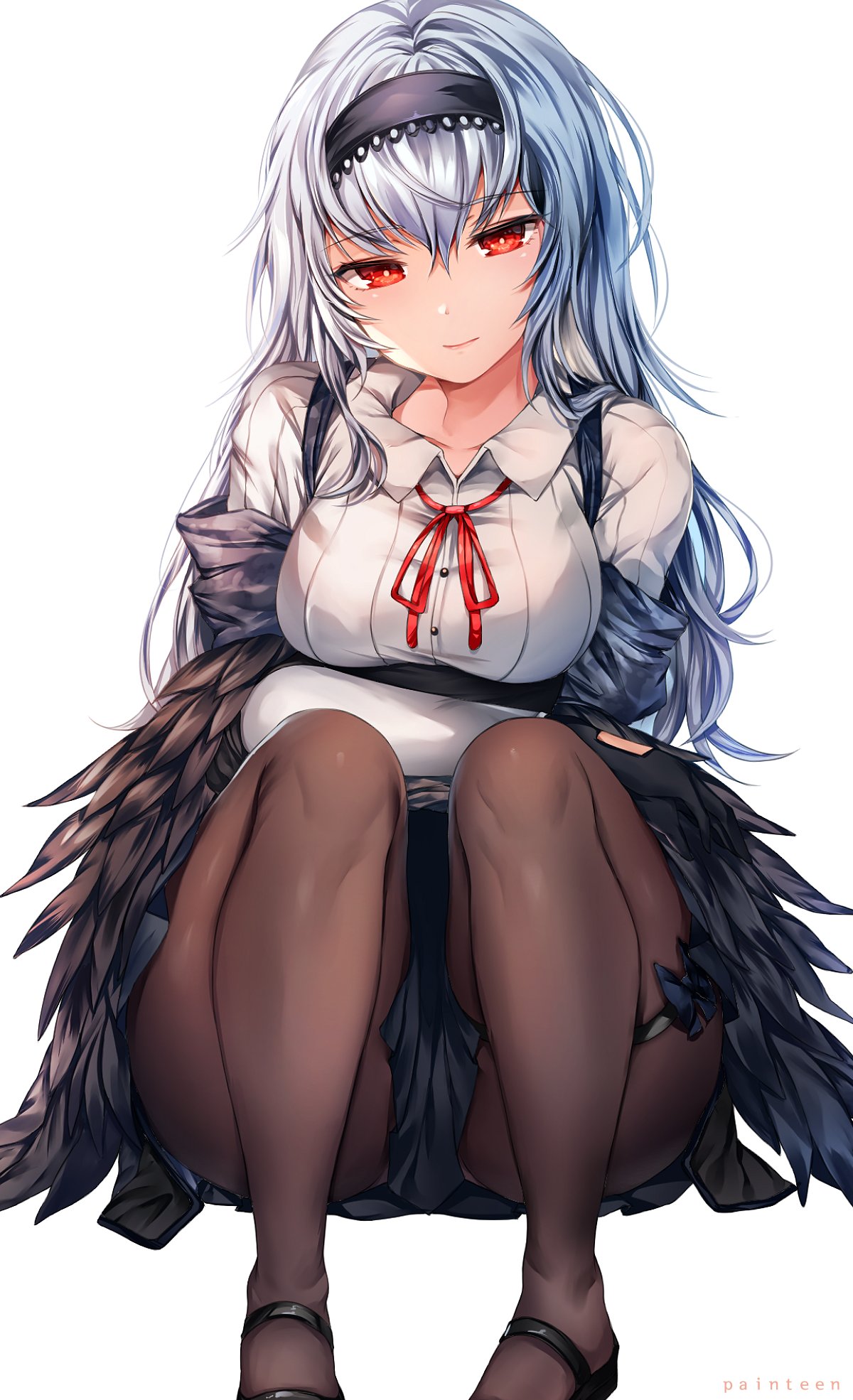 1girl artist_name bangs black_footwear black_gloves black_hairband black_jacket blue_skirt breasts camouflage_print collared_shirt eyebrows_visible_through_hair feathers girls_frontline gloves hair_between_eyes hairband head_tilt highres holster jacket knees_up long_hair long_sleeves looking_at_viewer mary_janes neck_ribbon neck_scar off_shoulder painteen red_eyes red_ribbon ribbon shirt shoes sidelocks simple_background skirt solo squatting suspenders thigh_holster thigh_strap thunder_(girls_frontline) white_background white_shirt