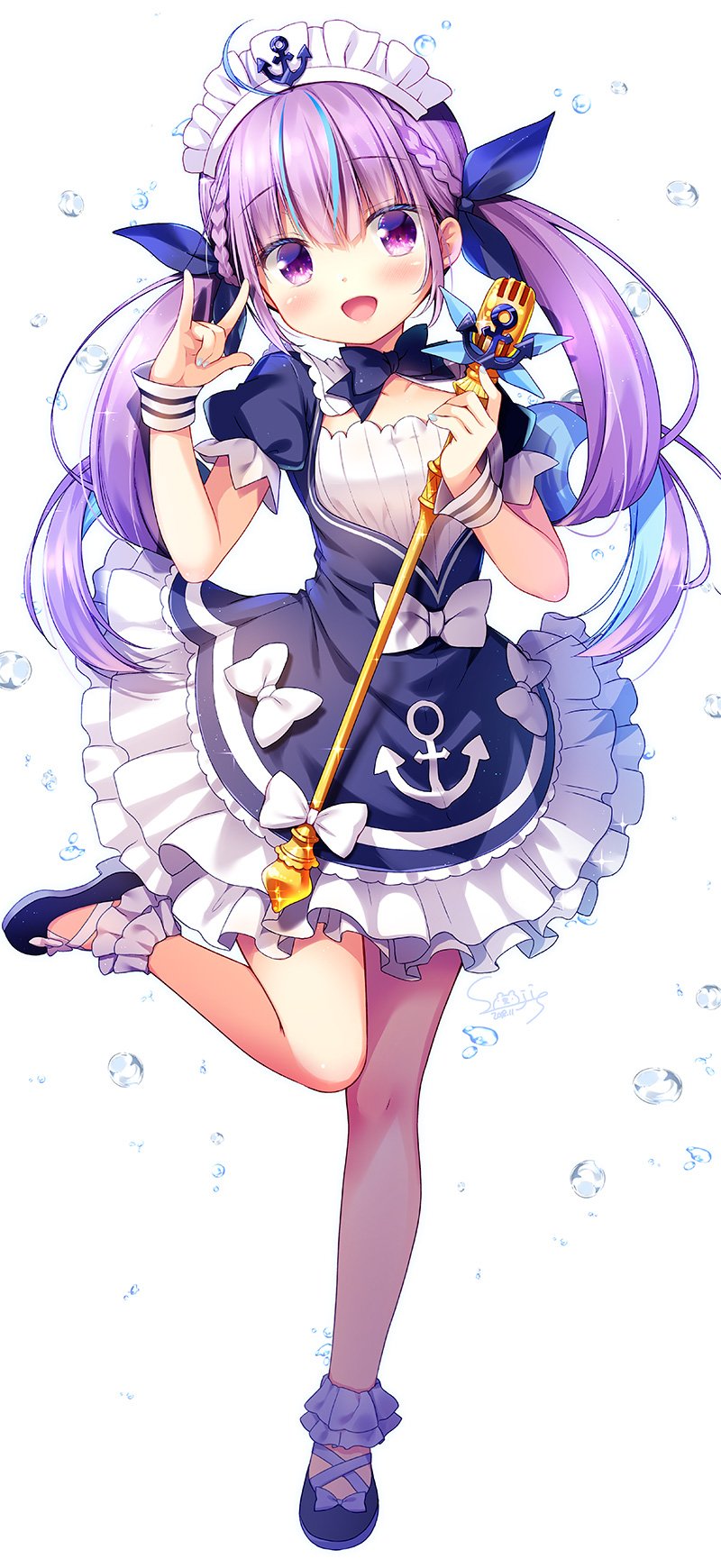1girl anchor blush braid bubble commentary_request frilled_skirt frills full_body highres hololive leg_up long_hair looking_at_viewer low_twintails maid_headdress microphone minato_aqua open_mouth purple_hair ribbon sasai_saji skirt solo twintails violet_eyes virtual_youtuber white_background