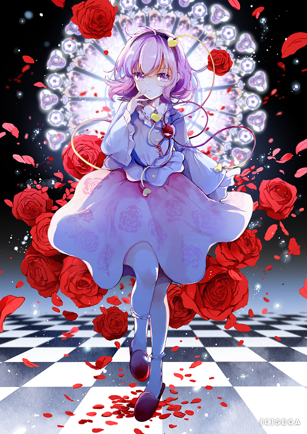 1girl azuma_aya checkered checkered_floor commentary_request floral_print flower full_body hairband heart heart_of_string komeiji_satori looking_at_viewer petals pink_eyes pink_hair pink_skirt rose rose_print skirt slippers socks solo third_eye touhou white_legwear wide_sleeves